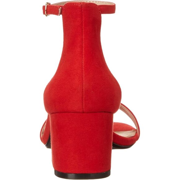 Women Poppy Red Faux Suede Two Strap Open Rounded Toe Chunky Block Heeled Sandal - Picture 4 of 8